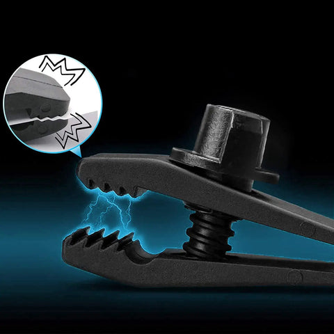 Close-up of heavy duty tarp clip with locking thumb screw and crocodile teeth for strong grip on tarps and canopies