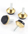 Premium Swivel Furniture Levelers Kick Your Wobbly Table Problems To The Curb Heavy Duty Adjustable Glide Legs Lock Firm On Uneven Floors Rust Resistant Silver 10 Piece Set - set of four gold and black glide feet with threaded screws.