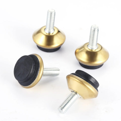Premium Swivel Furniture Levelers Kick Your Wobbly Table Problems To The Curb Heavy Duty Adjustable Glide Legs Lock Firm On Uneven Floors Rust Resistant Silver 10 Piece Set - set of four gold and black glide feet with threaded screws.