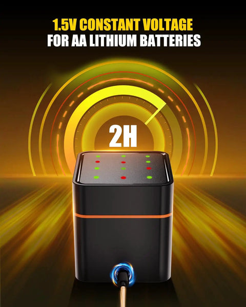 12 Pack Heavy Duty Rechargeable AA Lithium Batteries With Rapid Charger showing charging station with LED indicators for battery status.