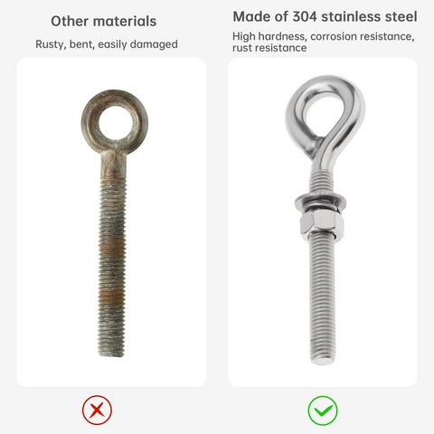 Comparison between a rusty eye bolt and a Two Pack M12 Eye Bolts With Nuts And Washers One Half Inch By Three Point Five Inch Long Shank Threaded Rod Round Hook Eyelet Bolts Five Point Six Inch Total Length 304 Stainless Steel Rust Resistant For Indoor And Outdoor Lifting Ring Bolts.