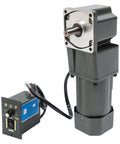 Electric gear reducer motor, 110V, 200W, with 90-degree output gearbox and blue control box.
