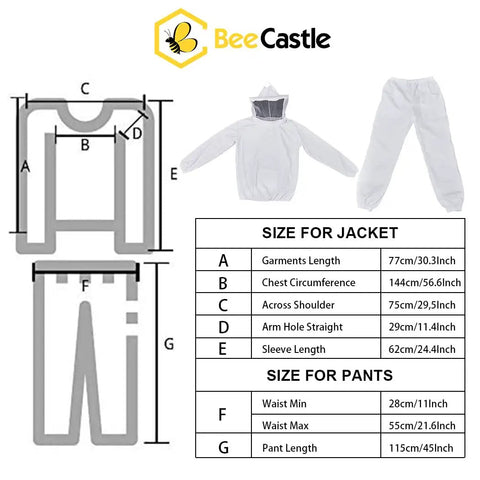 Diagram and size chart for beekeeping suit included in 10 Frame Beehive Starter Kit With Beeswax Dipped Deep Brood Box And Full Beekeeping Supplies Tool Set Bee Suit For Beginners Includes Smoker Frame Holder Organizer Tote Inner Cover Queen Excluder And Entrance Reducer