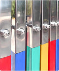 Heavy Duty Adjustable Stainless Steel Retractable Safety Gate Featuring Hella Smooth Moving Universal Casters And Rock Solid Brakes For Tight Garage And Store Layouts metal frame with color accents and fastening bolts