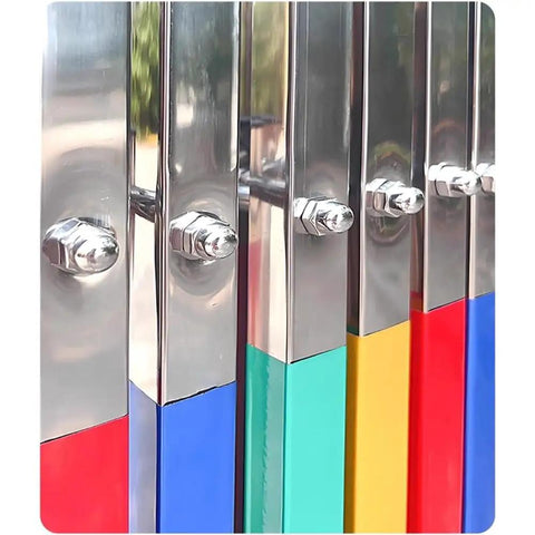 Heavy Duty Adjustable Stainless Steel Retractable Safety Gate Featuring Hella Smooth Moving Universal Casters And Rock Solid Brakes For Tight Garage And Store Layouts metal frame with color accents and fastening bolts