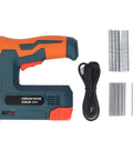 Shop Grade Cordless Brad Nailer Wireless Nail Gun With USB Charging, orange and black, includes staples and USB cable.