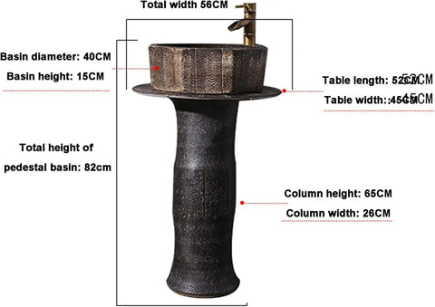 Premium Ceramic Vessel Sink, Slick Countertop Basin With Faucet And Drain Combo, round black porcelain sink with pedestal.