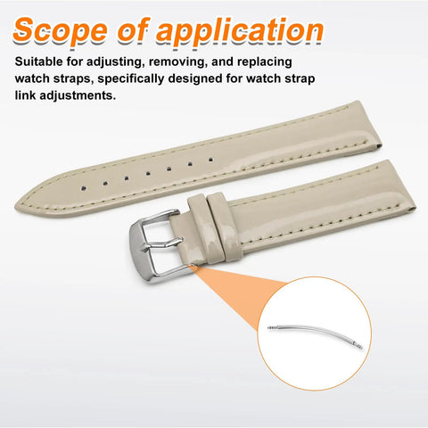 Ten Piece Curved Spring Bar Watch Band Pins Fits 30mm Straps With 1.5mm Diameter next to a light leather watch strap.