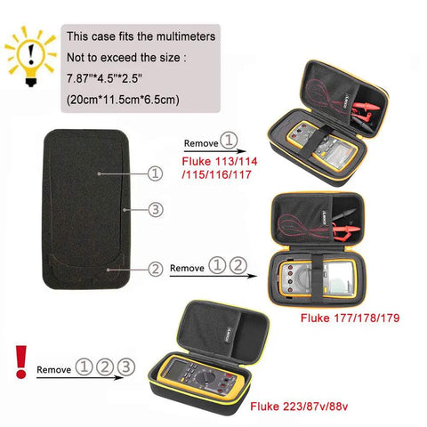 Durable Carrying Case For Fluke Digital Multimeters With DIY Foam Insert, open view showing inside fit for various models.