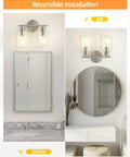 Sleek Two Light Brushed Nickel Vanity Light Fixture Over Mirror With Clear Glass Shades Modern Wall Sconce For Bathroom Bedroom