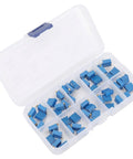 Open plastic storage case with 50 blue multiturn trimmer potentiometers, part of the Multiturn Trimmer Potentiometer Kit 50 Piece Assortment.
