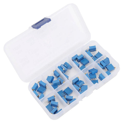 Open plastic storage case with 50 blue multiturn trimmer potentiometers, part of the Multiturn Trimmer Potentiometer Kit 50 Piece Assortment.