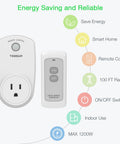 Remote Control Outlet Switch For Lights, Lamps, And Fans, Wireless Plug In Receiver With 100Ft RF Range, 1200W, shown with icons.