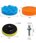 Go To Car Detailing Kit with 3-inch foam polishing pads, drill adapter, and suction cup in detailed measurements.