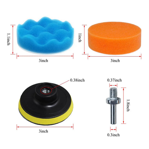 Go To Car Detailing Kit with 3-inch foam polishing pads, drill adapter, and suction cup in detailed measurements.