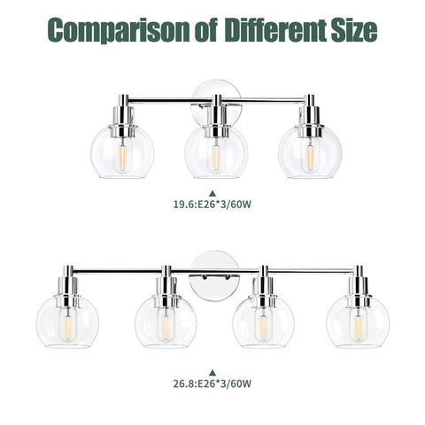 Two sizes of Three Light Chrome Vanity Light Fixture For Bathroom Over Mirror, Industrial Farmhouse Globe Wall Sconce shown