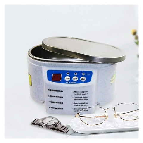 Massive 30 50 Watt Digital Ultrasonic Cleaner Bath For Jewelry And Glasses with a watch and eyeglasses displayed.