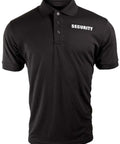 Mens Short Sleeve Security Polo Shirt Black with SECURITY print on chest, made of lightweight polyester, ideal for guard duty.