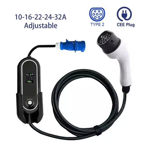 Level 2 EV Charger For Home And Garage 7kW 32A 1 Phase Type 2 Connector with 5M Cable and CEE Plug IP67 Waterproof and Fire Resistant