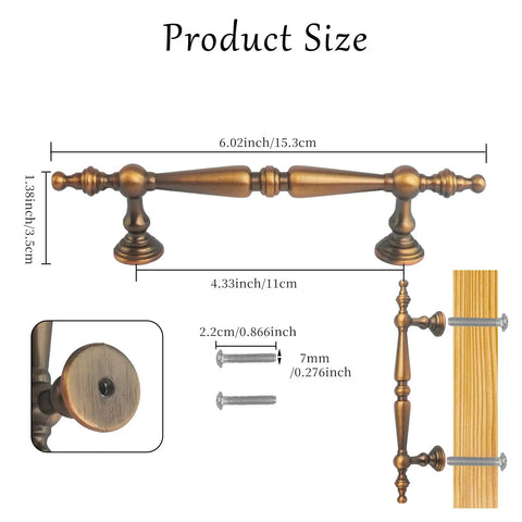 12 Pack Antique Brass Cabinet Pulls And Handles For Drawers, Closets, Dresser And More, 110 mm Hole Center, product sizing details