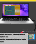 No Sweat Mini Three Phase Power Quality Analyzer With Four PC Current Clamps And Usb Logging, connected to laptop for data import.