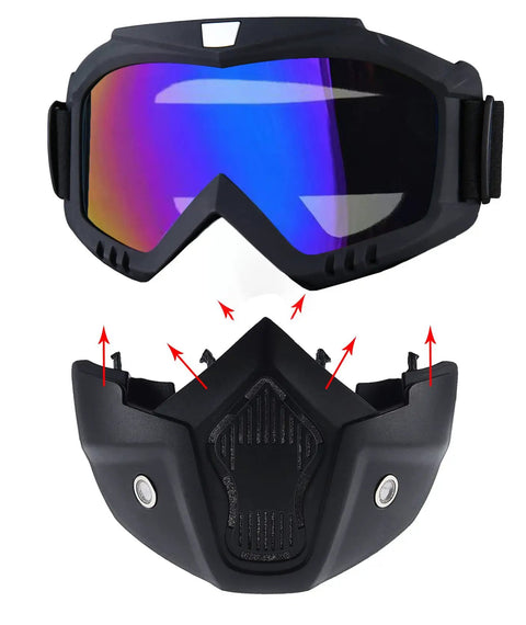 Anti Fog Paintball Mask Full Face Tactical Shield with Detachable Goggles, durable TPU frame, colorful design, front view.