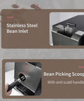 Stainless steel bean inlet and bean picking scoop on Electric Coffee Bean Roaster Makes Mastering Fresh Beans A Breeze With Simple Dual Controls Four Custom Heat Curves Integrated Smoke Vent And Rock Solid Forty Eight Mm Burr Grinder.
