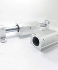 Two-piece aluminum linear motion bearing slides with mounting blocks and guide rail