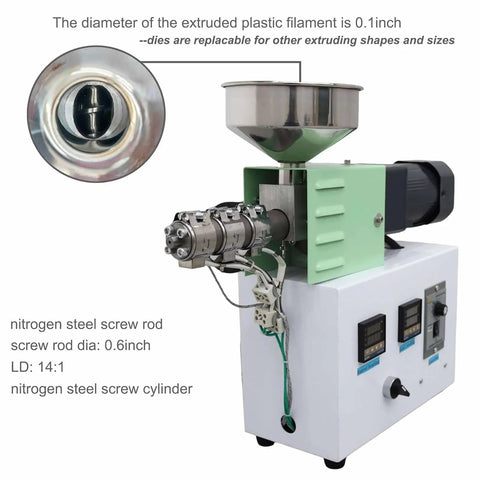 Desktop 3D Printer Filament Extruder Converts Plastic Waste Into Reliable Filament Supports ABS PLA PETG TPU With Tough Steel Screw shows hopper and steel screw.