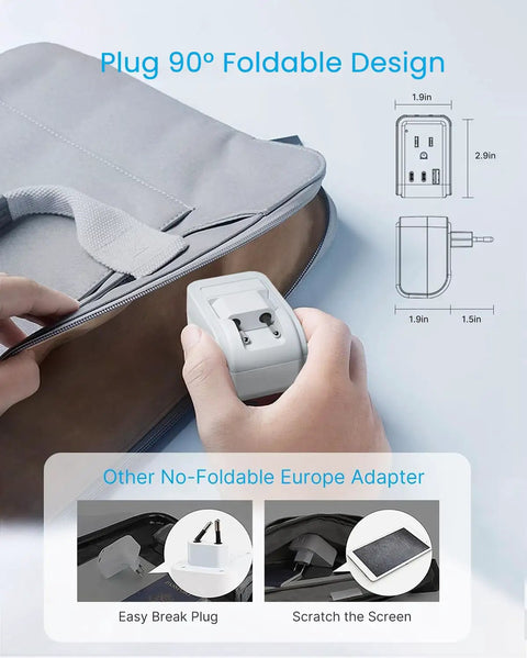 Two Pack European Travel Plug Adapter 7 In 1 Foldable Type C Power Converter showing 90° foldable design for travel.