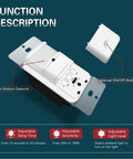 4 Pack Occupancy Sensor Light Switch With Neutral Wire Required, Motion Activated Wall Switch For CFL LED Incandescent Bulbs, Single Pole, Wall Plate Included, UL Listed FCC Approval shown with function description and adjustment features.