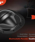 Close-up of Premium Aftermarket Rear Differential Cover For 8.8 Ring Gear Axle With No Hassle Street Seal Gasket and Smooth Shifting Drain Magnet for Ford F Series, featuring smooth black finish.