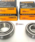 Four TIMKEN bearing boxes (25580, 25520, 14125A, 14276) with two large metal roller bearings in front