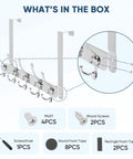 Over The Door Hooks Five Pack Heavy Duty Tri Coat Rack All Metal Hangers Chrome Kit with screws, tape, and screwdriver