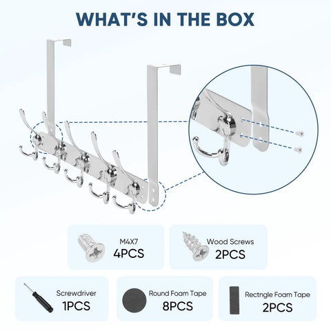 Over The Door Hooks Five Pack Heavy Duty Tri Coat Rack All Metal Hangers Chrome Kit with screws, tape, and screwdriver