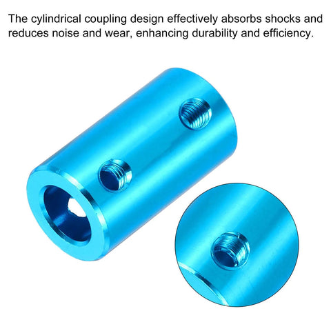 Blue aluminum rigid shaft coupling for 4-8 mm shafts; 25 mm long, 14 mm diameter with two set-screw holes.