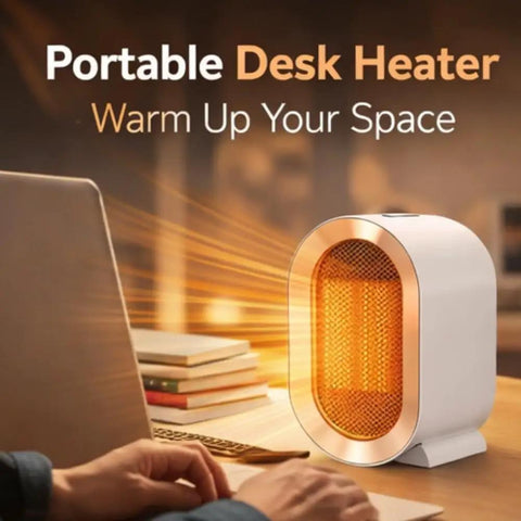 White Retro Mini Electric Space Heater With USA Plug And Play 1200W Fast Heating Ceramic Heater on office desk scene