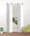 Nickel Plated 72 Inch Double Bifold Sliding Barn Door Hardware Kit For Closet Doors Smooth And Quiet With Side And Top Mount Swivel Wheels Track Length 76 Inches No Door Included installed view in modern interior