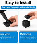 Installation guide for Four Pack Stackable TV Stand Riser Blocks With Half Inch Adjustable Height, showing single and multi-layer stacking.