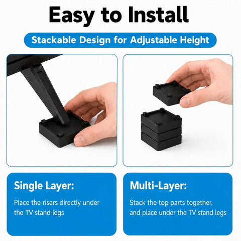Installation guide for Four Pack Stackable TV Stand Riser Blocks With Half Inch Adjustable Height, showing single and multi-layer stacking.