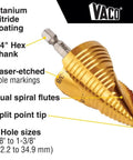 Heavy Duty Step Drill Bit Set For DIY With Spiral Double Fluted Titanium Nitride Coated Bits, quarter inch shank close-up view
