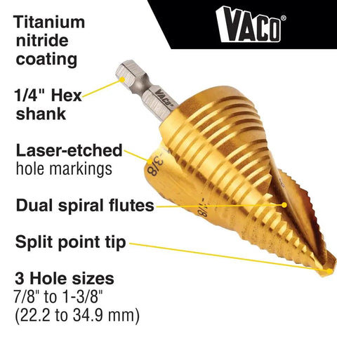 Heavy Duty Step Drill Bit Set For DIY With Spiral Double Fluted Titanium Nitride Coated Bits, quarter inch shank close-up view