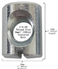 Close-up of a 12mm by 10mm zinc-plated steel cross dowel with 6mm centered hole, showing 1/4-20 thread specification.