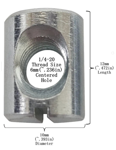 Close-up of 25 Pack Cross Dowels Barrel Nuts 1/4-20 Thread, 12mm Length, 10mm Diameter, Zinc Plated Steel with Centered 6mm Hole