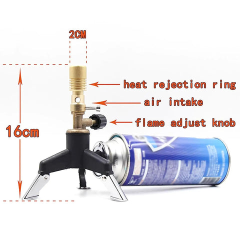 Portable Bunsen Burner Kit with tripod, brass butane burner, adjustable damping ring, two gas tank compatible, 16cm height.