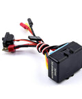 Waterproof 35A Brushless ESC for RC cars showing 2 to 3S battery support, 5V 2A BEC, wires for heat dissipation, programmable box view