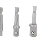 Versatile 3-Piece Power Drill Adapter Socket Set Featuring 1/4, 3/8 And 1/2 Inch Hex Shank To Drive Converters For Impact Drivers Electric Drills And Screwdrivers Tough Stainless Steel Build For Serious DIY And Pro Work This Essential Tool Accessory Kit, three sizes