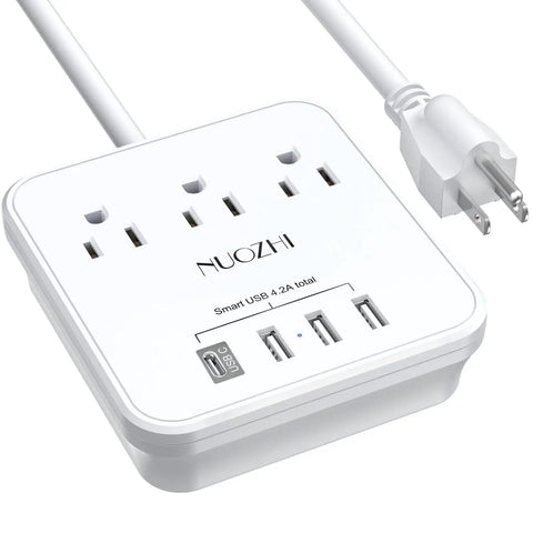 Six Foot Power Strip With Three Outlets And Four USB Ports Including One USB C For Cruise Ship Travel And Home Office Use No Surge Protection ETL Listed White