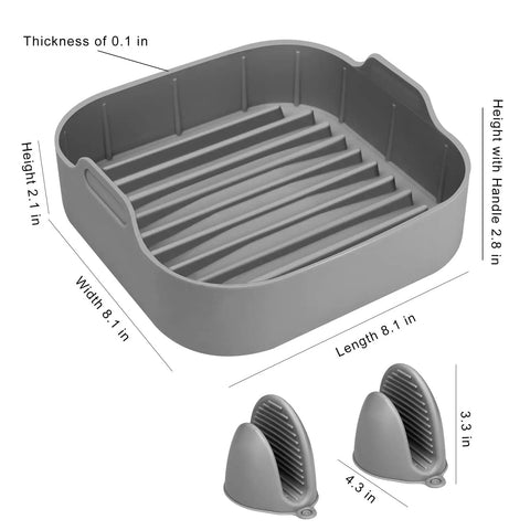 Air Fryer Silicone Pot 8.1 Inch Basket Pan With Dual Handles And Mitts Reusable Nonstick Liners For 6.5 Qt Or Bigger Square Air Fryers Grey
