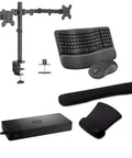 Thunderbolt Dock with Quad 4K Support and 130W Power Delivery, Plug and Play USB Type C Hub with HDMI and DisplayPort, ergonomic keyboard and mouse pack, dual monitor wall mount bracket and gel palm rest.